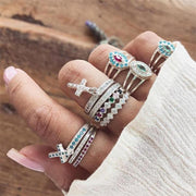 10 Pcs/set  Crystal Cross Pendant Geometry Ring Set Women Boho Retro Colorful Lady Luxury Jewelry Engraved Silver Wedding Ring-Rings-Come4Buy eShop