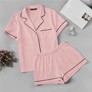 C4B Pink Contrast Piping Pocket Front Shirt Pajama Set Short Sleeve Lapel Top With Elastic Waist Shorts Womens Two Piece Sets-Women Clothing-Come4Buy eShop