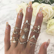 12 Pcs/set Bohemian Vintage Crown Water Drops Stars Geometric Crystal Ring Set Women Charm Joint Ring Party Wedding Jewelry Gift-[product_type]-Come4Buy eShop