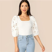 Elegant White Laser Cut Lantern Sleeve Fitted Top Scoop Neck Blouse Women Summer 3/4 Length Sleeve Solid Workwear Blouses-Women Clothing-Come4Buy eShop