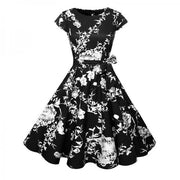 Czarna biała sukienka w kropki Vintage Floral Print Krótki rękaw Retro Robe Rockabilly Sukienki Party-Odzież damska-Come4Buy eShop