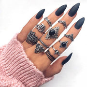 10 парчиња/комплет Црн дијамант OM Yoga Fatima приспособлив сребрен прстен Боемски ретро слон круна со цвет винтиџ додатоци за накит-прстени-Come4Buy eShop