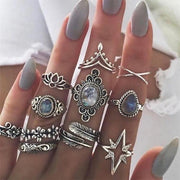 11 Pcs/set Drop Stars Crystals Gem Joint Ring Lady Partéi Silver Wedding Ring Awéwé Boho Ukiran Kembang Daun Cai-Cingcin-Come4Buy eShop