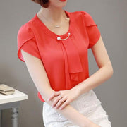 Summer Blouse Women Chiffon Shirt Office Work Slim Tops Short Sleeve Shirts Korean Bow Neck Ruffle Yellow Red Blouses Blusas-Women Clothing-Come4Buy eShop