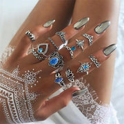 13 Pcs/Set Elephant Turtle Heart Flower Crown Gem Crystal Silver Joint Ring Women Fashion Bohemian Punk Lady Party Ring Set-Rings-Come4Buy eShop
