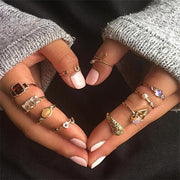 10 Pcs/ set Gem Opening Ring Women Punk Serpent Moon Heart Love Compass Round Pearl  Gold Party Ring Set-Rings-Come4Buy eShop
