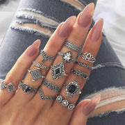 15 Pcs/set Hollow Lotus Permata Perak Cincin Set Bohemian Retro Kristal Bunga Daun Wanita Pernikahan Hadiah Ulang Tahun-Rings-Come4Buy eShop