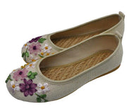 Women Embroidered Flower Slip On Cotton Fabric Linen Comfortable Old Peking Ballerina Flat Shoes