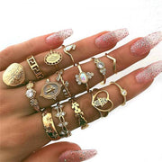 15 парчиња/комплет Шуплив лист со геометриски кристален сет прстен Свадбен накит Женски модни прстени Срца Фатима Раце Дева Марија крст-прстени-Ајде4Купи е-продавница