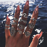 11 Pcs/set Bohemian Beach Retro Elephant Hollow Lotus Wave Gems Geometry Crystal Ring Set Women Charm Jewelry Accessories-Rings-Come4Buy eShop