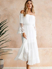 One Word Shoulder Neck Lace Stitching White Maxi Dress