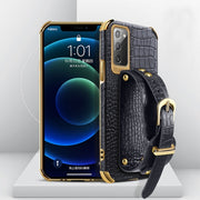 For Samsung Galaxy Note20 Electroplated TPU Crocodile Pattern Leather Case with Wrist