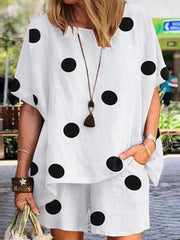 Summer Casual Matching Sets O-neck Half Sleeve Polka Dots Printed Blouse