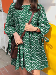 Cotton Polka Dot Pleat Round Neck Loose Casual Women Midi Dress
