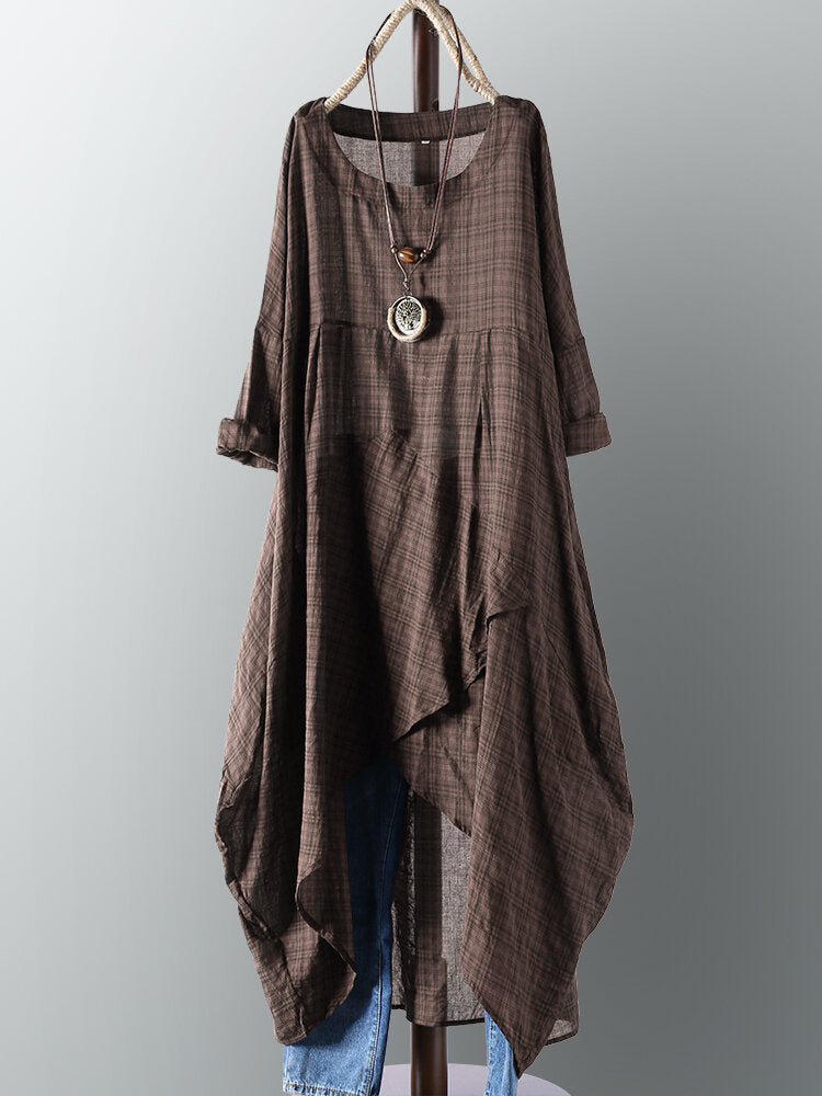 Plus Plaid Casual Asymmetrical Shirt Irregular Hem Women Maxi Dress – Come4Buy eShop