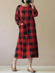 Vintage Plaid O-neck Long Sleeve Pocket Women Midi Dress