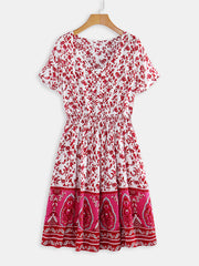 Jinan Floral V-stûyê kurt Sleeve Print Mini Dress