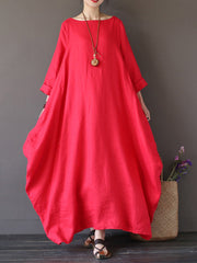 Casual Women Maxi Dress Loose Pure Color Baggy 3/4 Sleeve