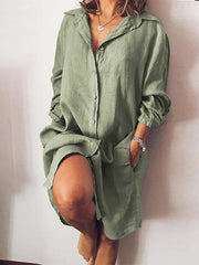 Loose Casual Long Sleeve V-neck Button Pocket Shirt Women Midi Dress