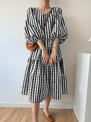 Puff Sleeve Grid Print Тигүү V-мойну бүгүштөр Casual Women Maxi Dress
