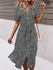 Floral Print Lapel Button Knotted Short Sleeve Women Midi Dress