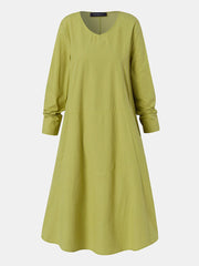أبل أخضر نقي اللون الخامس الرقبة طويلة الأكمام عادي جيب فستان المرأة البسيطة