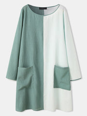Contrast Color O-neck Long Sleeve Casual Pocket Women Midi Dress