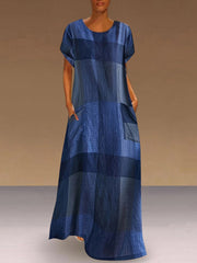 Vestido maxi floral de manga corta con cuello redondo estampado de mujer
