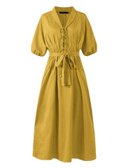 Casual Lapel Corn-strap Lantern Sleeve Mustard Yellow Women Maxi Dress