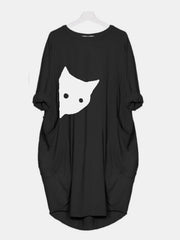 Dress Midi Wanita Leher Bulat Lengan Panjang Kasual Sablon Kucing