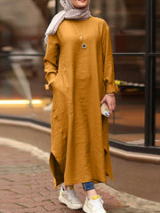 Mangas compridas com decote em O feminino de cor sólida dividida robe kaftan vestido maxi casual com bolso