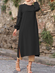 Pure Color Puff Sleeves Silt Elastic Cuffs O-neck Casual Women Midi Dress