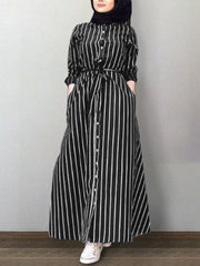 Vertical Stripe Lapel Kaftan Long Sleeve Shirt Belt Women Maxi Dress