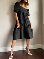 Leisure Puff Sleeve Back Tie Split Stitching Summer Loose Women Midi Dress