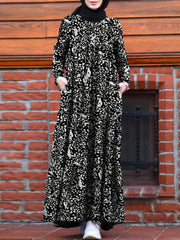 Retro Floral Print O-neck Kaftan Long Sleeve Pocket Women Maxi Dress