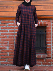 Vintage Plaid Round Neck Kaftan Casual Long Sleeve Pocket Women Maxi Dress