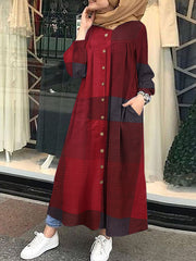 Maxi Dress Kaftan Tunik Kancing Bawah Kancing Depan Cetak Kotak dengan Kantong Samping