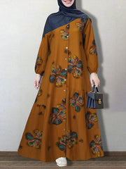 Vintage Floral Print Elastic Cuff Button Shirt Casual Women Maxi Dress