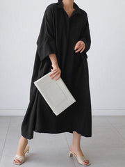 Retro Pure Color Batwing Sleeve Lapel Concealed Placket Pocket Women Midi Dress