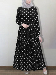 Polka Dot Lapel Tassel Lace-up Long Sleeve Casual Ruffle Women Maxi Dress