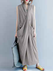 Sleeveless V Neck Pure Color Women Maxi Dress