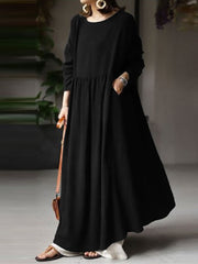 Solid Round Neck Cotton Long Sleeve Casual Pocket Women Maxi Dress