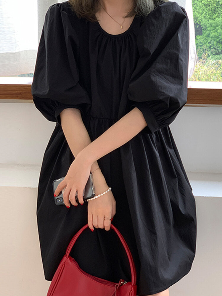 Cotton Plain Puff Sleeve O-neck Holiday Casual Women Mini Dresses Come4Buy eShop Cotton Plain Puff Sleeve O-neck Holiday Casual Women Mini Dresses Come4Buy eShop