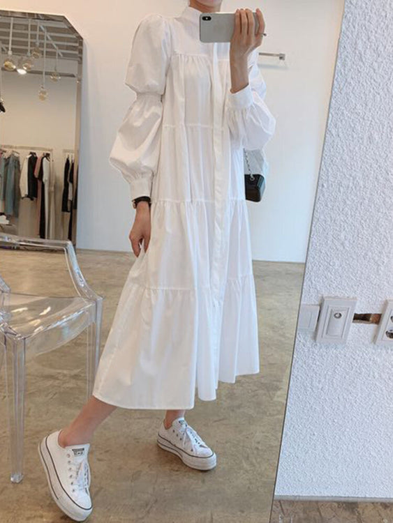 Solid Tiered Stand Collar Pleats Puff Sleeve Casual Shirt Women Midi Dress