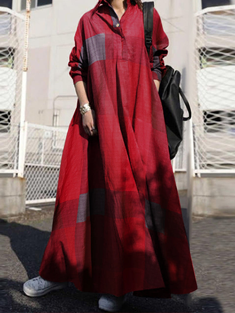 Women Plaid Turn-down Collar Long Sleeve Retro Button Shirt Dresses Wi – Come4Buy eShop