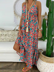 Sleeveless Straps Floral Print Elastic Waist Summer Holiday Long Women Maxi Dress