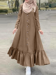 Pure Colour Cotton Long Sleeve Ruffle Casual Loose Women Maxi Dress