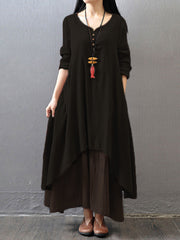 Babaeng Long Sleeve Double Layers Button Asymmetric Vintage Maxi Dress