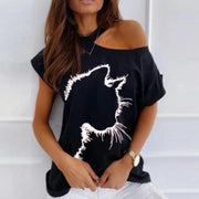 Schulterfreies Kurzarm-T-Shirt mit Katzen-Print