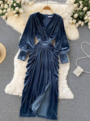 Сина V-врат фенер ракави висок струк Макси фустан